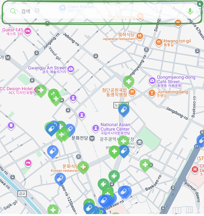지도에 표시된 의료기관 마커